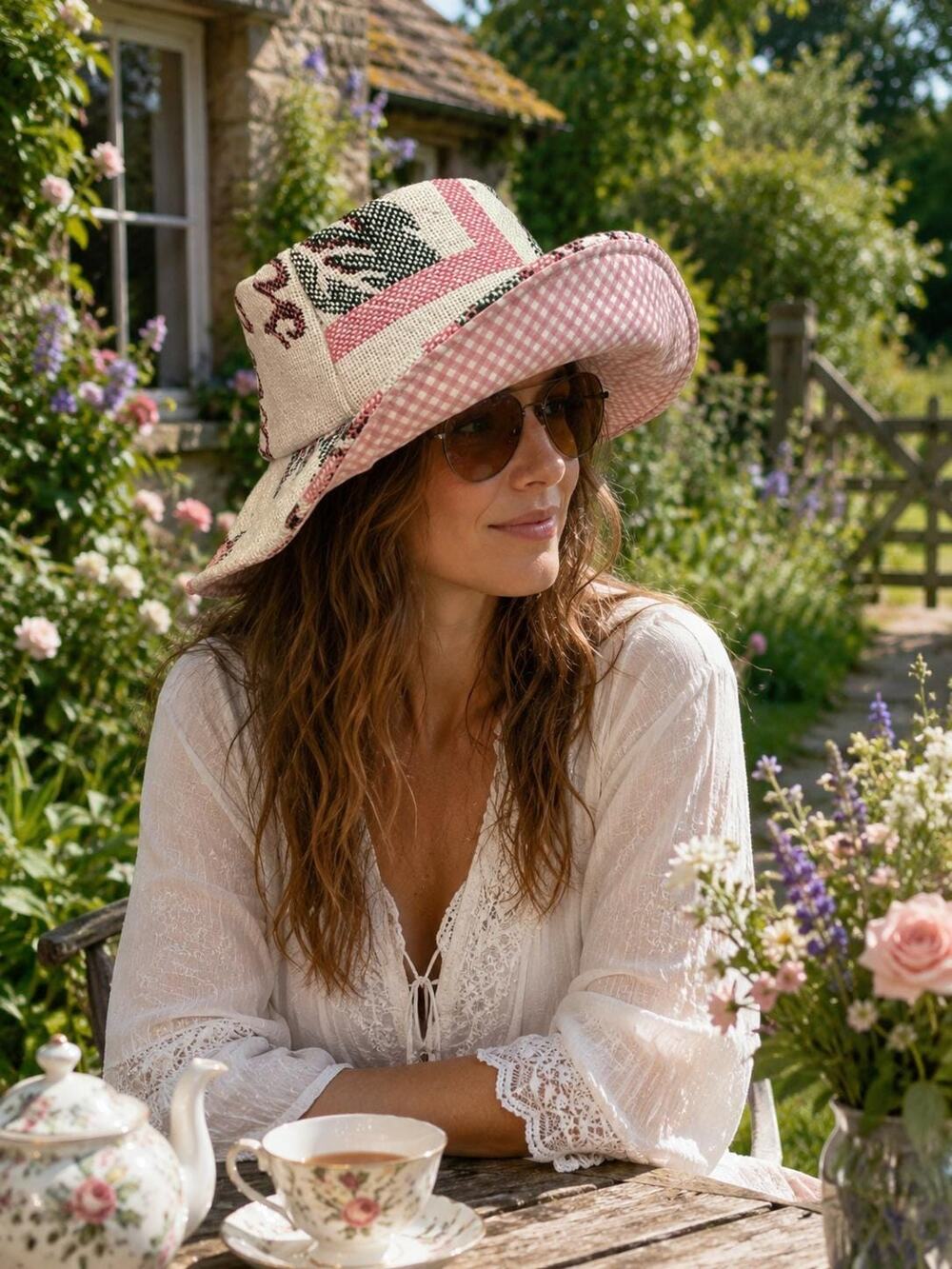 Handmade Floral Cotton Sun Hat | Pink Gingham Lined Wide Brim Hat | Medium